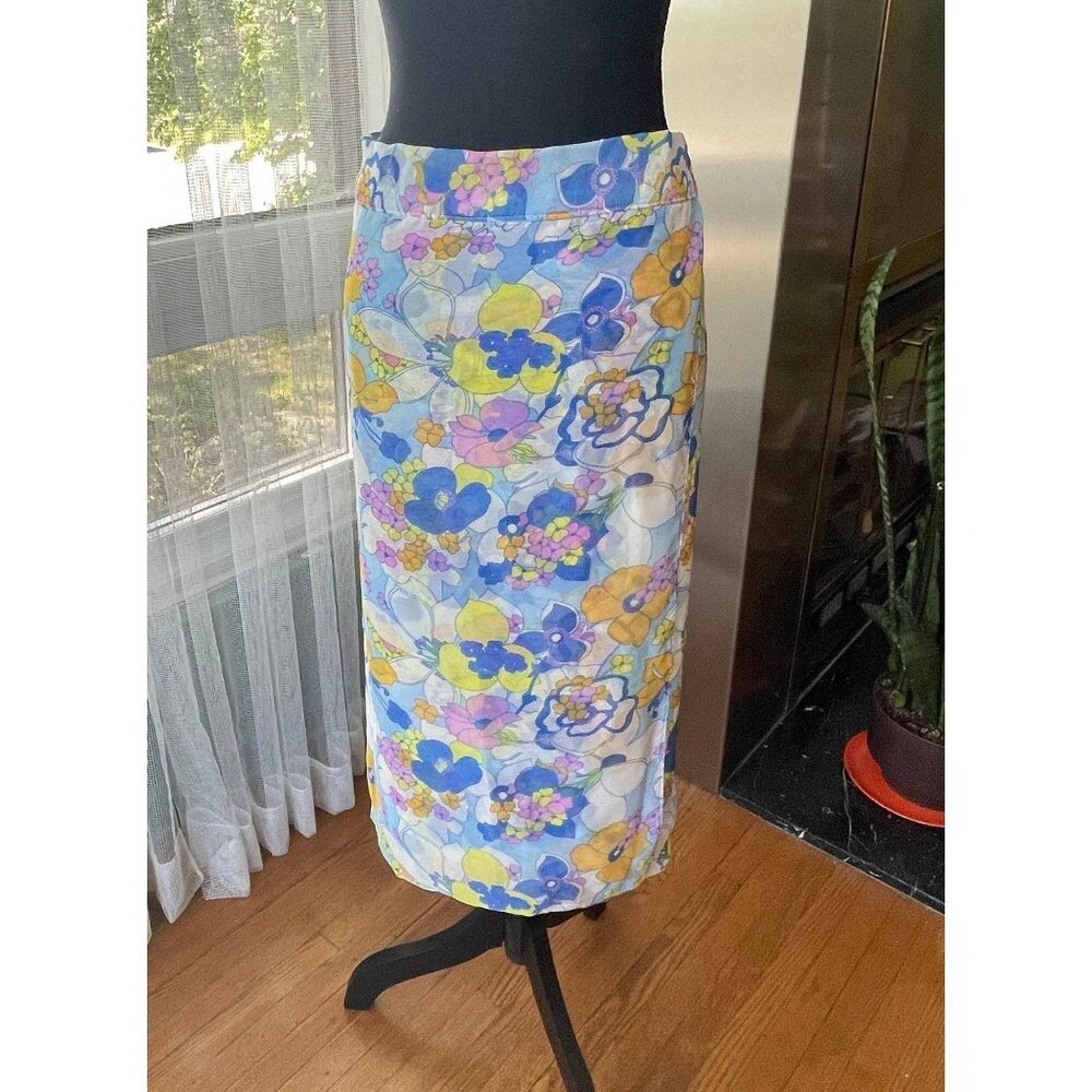 Vintage 70s beach coverup, blue, orange, pink, yellow flower power wrap skirt